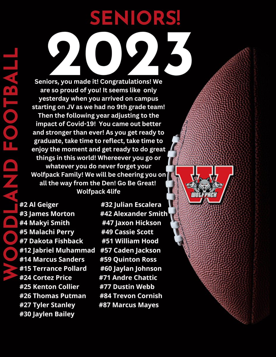 Wolfpack Players, Seniors!!!!!!!!!!!!!!!!!!!!
Almost that time congratulations! #2023
<a href="/WoodlandFBRec/">Woodland (Stockbridge) Wolfpack Football</a> 
#whsfootball
#Wolfpack 
#wolfpackfootball