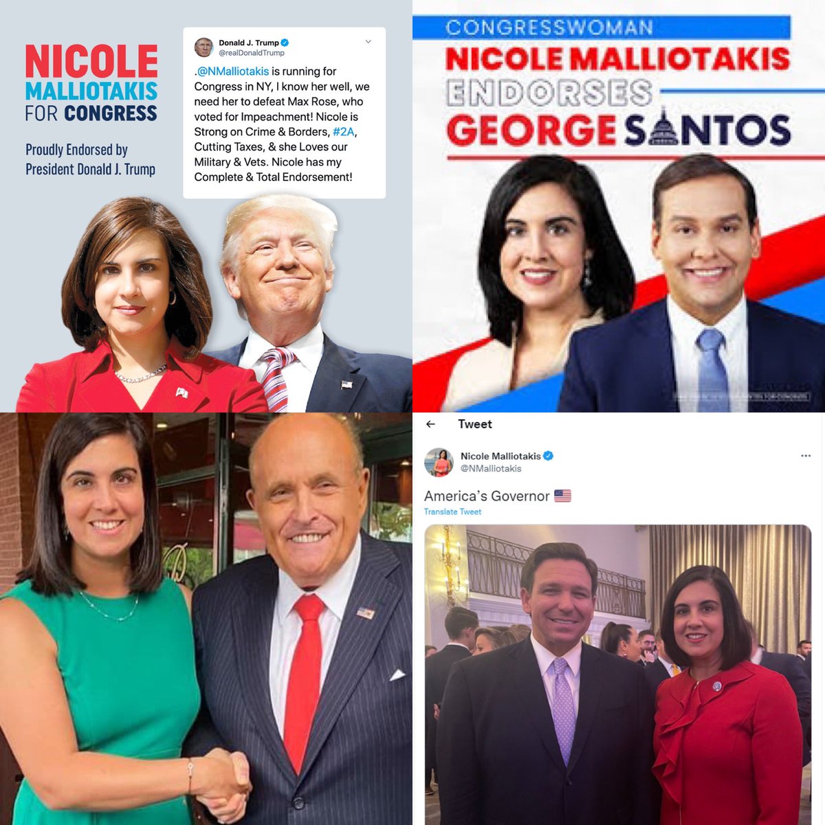 .@RepMalliotakis endorsed by sex predator &amp; criminal,Trump.She endorsed George Santos,indicted for $ laundering &amp; fraud.Rudy Giuliani charged w/ selling pardons &amp; demanding sex from a former employee. She thinks fascist &amp; labor-shortage advocate DeSantis is America’s Governor.