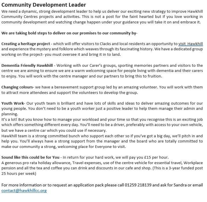 Really excited to post this job ad. A great opportunity for a community development leader to help us drive our bold plans for our amazing wee centre. Details below.