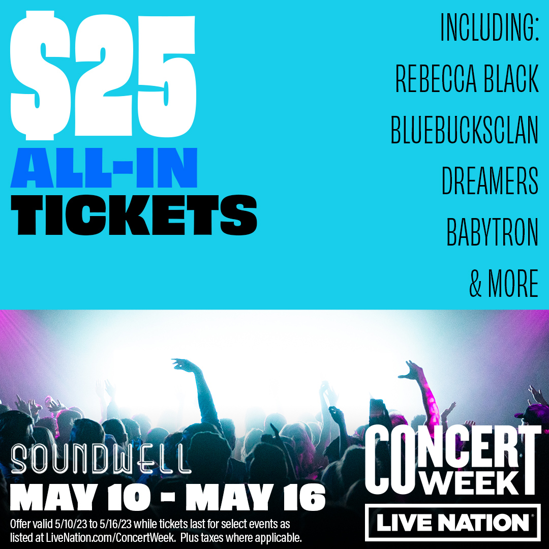 Tomorrow MAY 16 is the last day of CONCERT WEEK🎶 

🙌 $25 All-In Tickets!

5.17 - @MsRebeccaBlack 
5.28 - @_bluebucksclan  
6.12 - @DREAMERSjoinus
7.03 - @_babytron  
8.02 - @Zelladay  
8.19 - Shortparis 

🎟️ SoundwellSLC.com 

@LiveNationSLC #SoundwellSLC #SLC