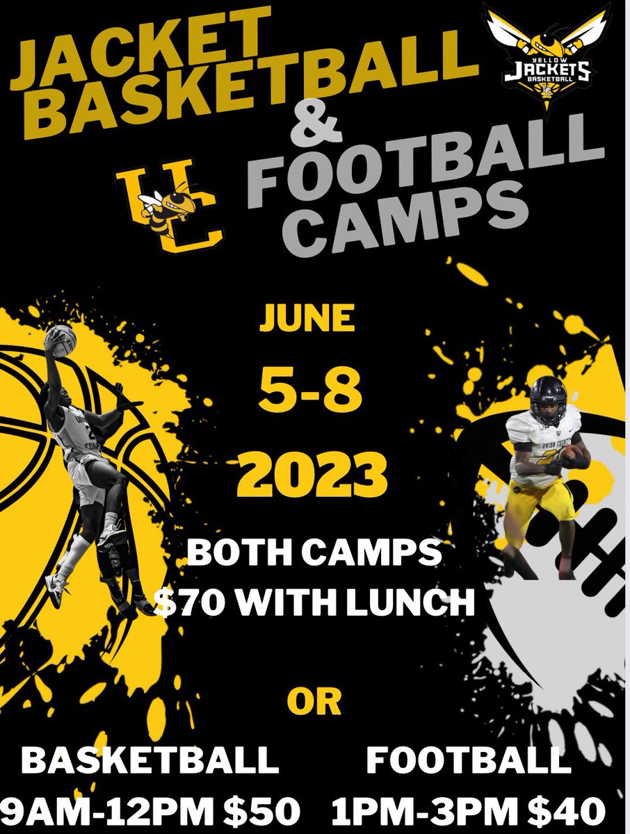 UCHSfb's tweet photo. Camp season is coming up. Get those kids signed up.
Contact Coach Brian Thompson or Coach Mitchell Moss for details.
brianthompson@union.k12.sc.us
mmoss@union.k12.sc.us https://t.co/26KDxcpxTl