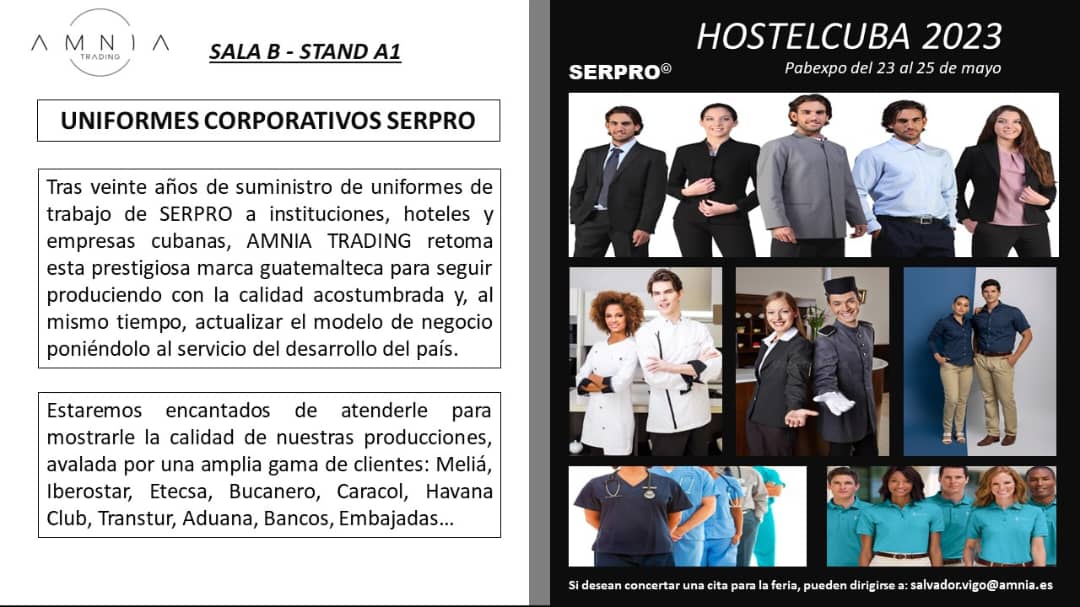 Para triunfar en tu negocio cuida la imagen...Uniformes y ropa corporativa. Visita la Feria <a href="/FeriaHostelcuba/">HostelCuba</a> en #Pabexpo   del 23 al 25 de mayo. 
Stand AMNIA Trading &amp; SERPRO en Sala B Stand, A1
<a href="/Camara_Comercio/">Cámara de Comercio de Cuba</a>