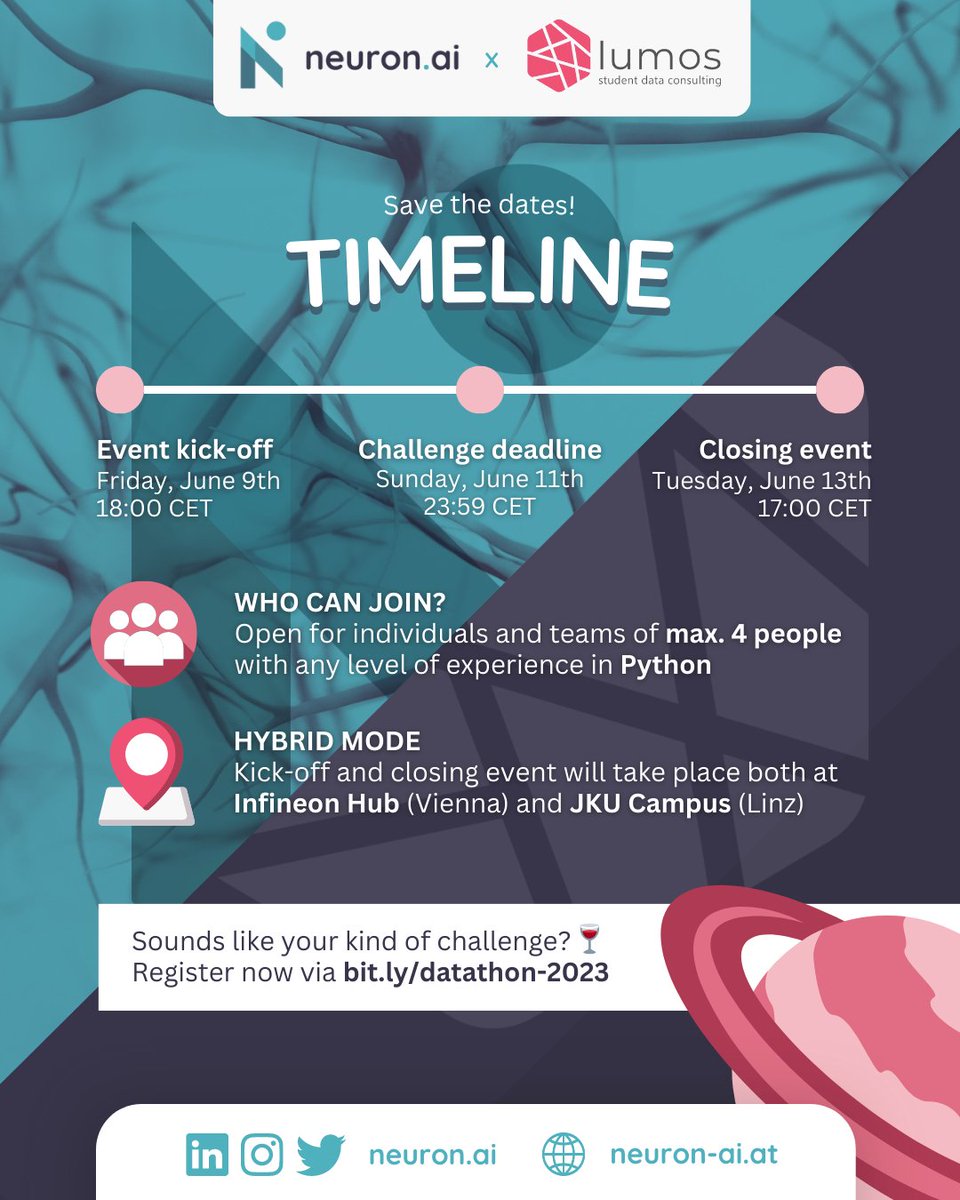 🚨 On 09.06 we are hosting a #datathon with our friends from Vienna, Lumos!

You'll have 48h to tackle a unique #datascience project with multiple prizes 😉

Join us either from the Infineon Hub (Vienna) or the JKU (Linz)

Sign up before 06.06 at 23:59 ⬇️
bit.ly/datathon-2023