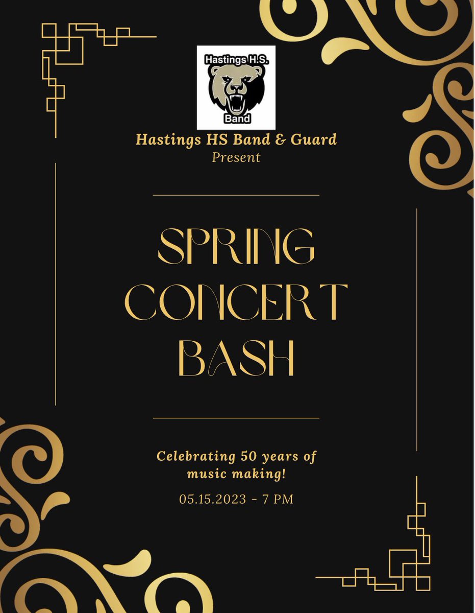 Hastings Band Spring Concert Bash starts at 7 PM in HHS North Cafeteria! You don’t want to miss this! #seeyouthere #bigbearband