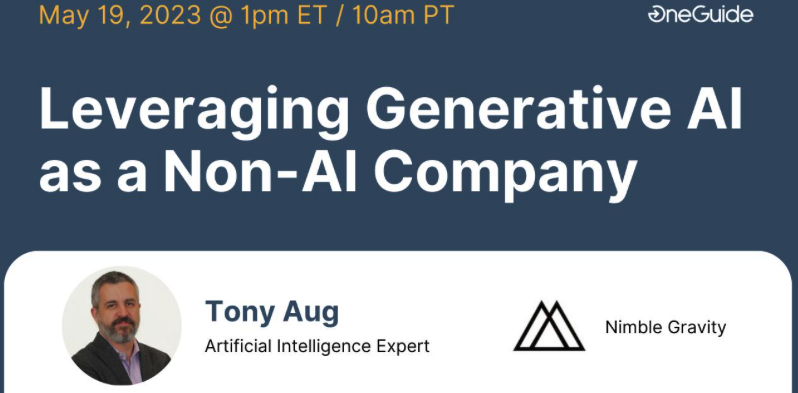 nimblegravity's tweet photo. 📣 Join us for an exciting AMA session with Tony Aug, Co-Founder and CEO of #NimbleGravity hosted by #OneGuide, as he shares his insights on Leveraging Generative #AI as a Non-AI Company
🔗https://t.co/khl6P38wBY
📅May 19th at 1 pm ET / 10 am P
#AMA #GenerativeAI #Tech https://t.co/RT7yU7k9ta