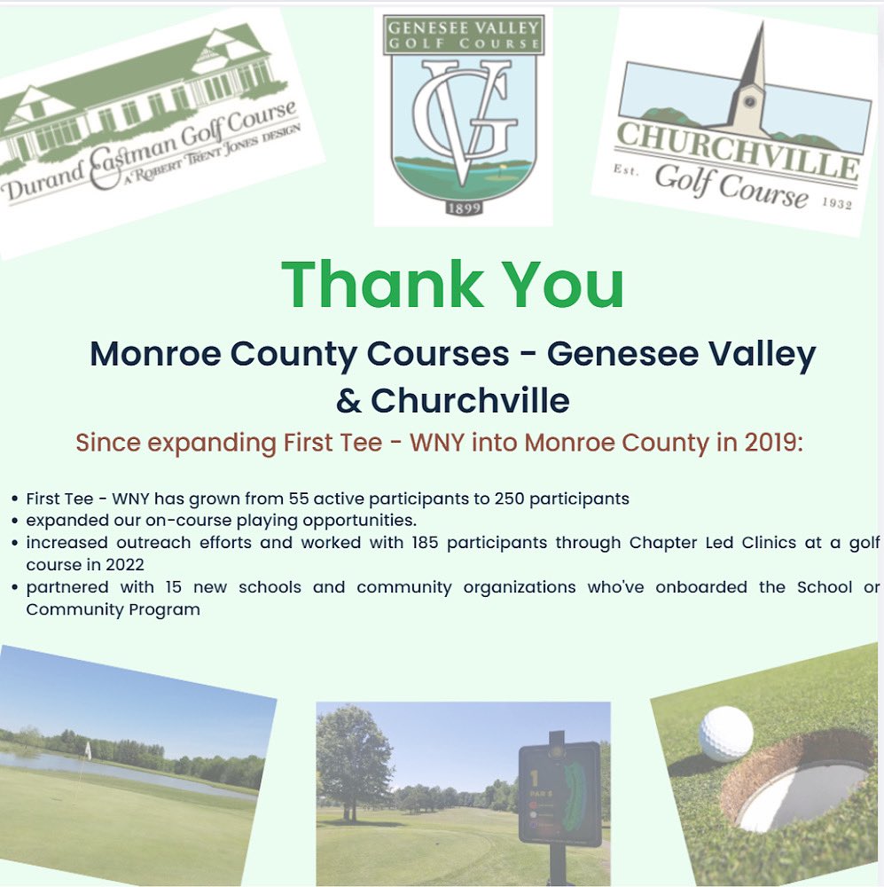 FirstTeeWNY's tweet photo. Monroe County Courses are helping #BuildGameChangers with First Tee-WNY. A huge thank you for your dedication to the growth of our First Tee-WNY program. https://t.co/MoArMPknqp