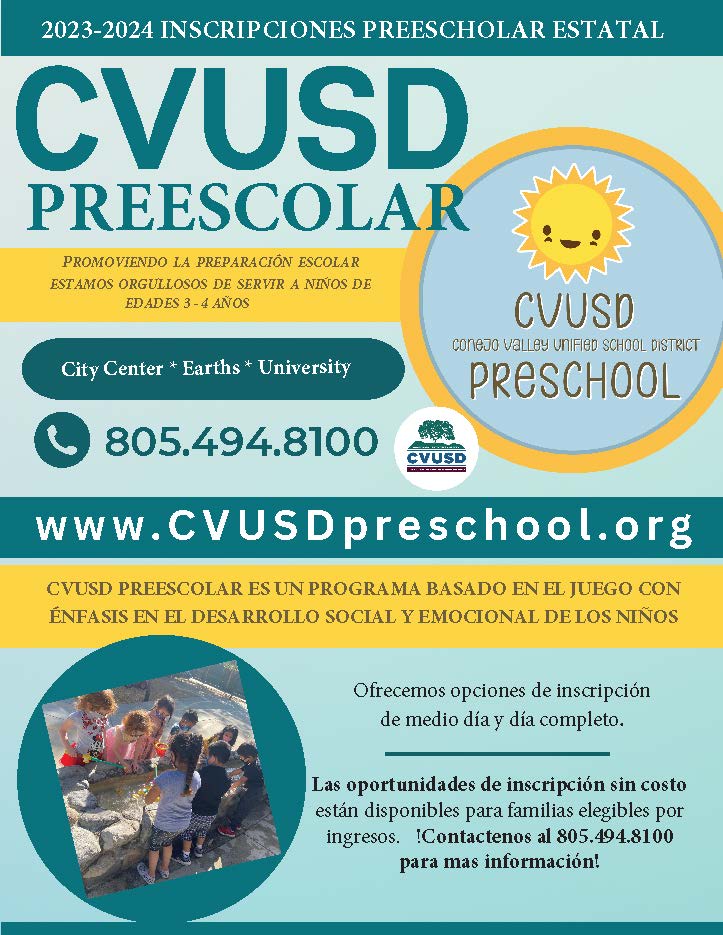 ConejoValleyUSD's tweet photo. 📌Preescolar GRATIS disponible para familias elegibles por ingresos
Nuestro programa preescolar CVUSD actualmente tiene oportunidades de inscripción sin costo disponibles para su preescolar estatal de California de día completo y medio día.
Más: https://t.co/EKHQaYYHMY https://t.co/ocqm5sC84u