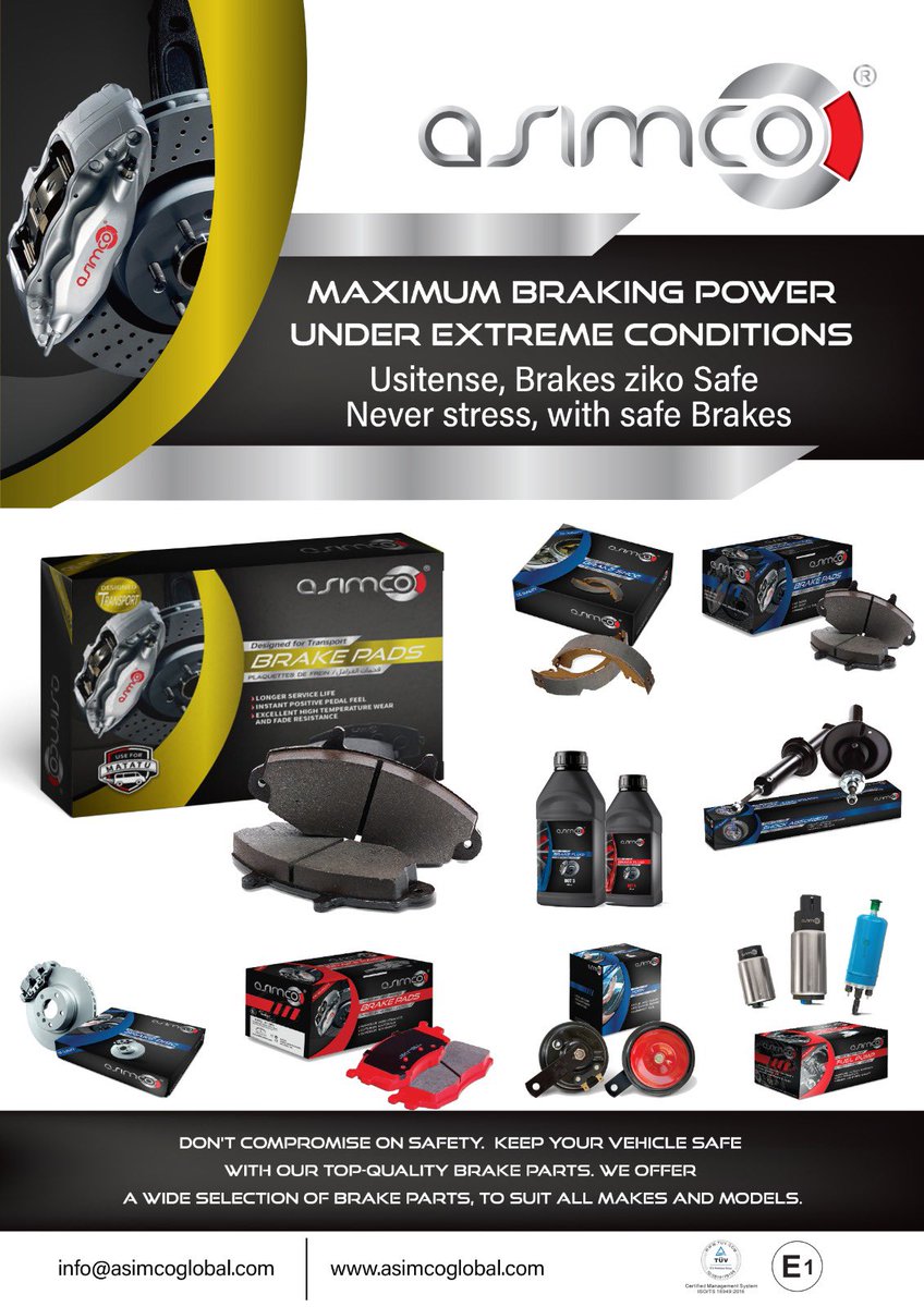 markmchuma's tweet photo. Get Asimco Products from the following authorised distributors in Kenya;
✅All Parts Castings Limited
✅AutoXpress Limited
✅Kruma Auto Works Limited
✅Simco Auto Parts Limited
✅Muqeet Auto Spares

#Asimco #Brakepads #SafetyPartner https://t.co/ts72adIGim