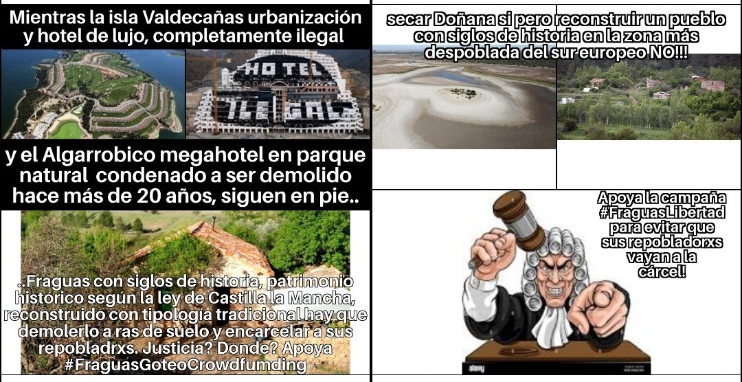 Solo quedan 36h de campaña #FraguasLibertad.Condenadxs como especuladores inmobiliarios a pesar de no cumplirse los requisitos para ello. mientras se pretende secar Doñana y el Algarrobico o ilsla Valdecañas siguen en pie. Dona para que evitemos la cárcel. goteo.org/project/fragua…