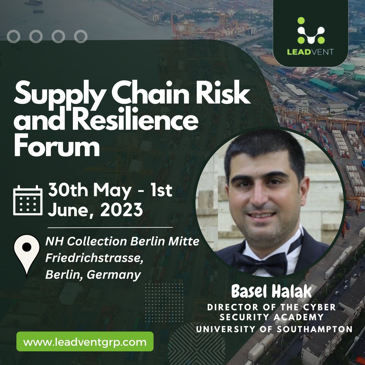 📢 Meet our speaker, Basel Halak, Director of the Cyber Security Academy at University of Southampton.

Obtain a pass -bit.ly/3DsfWE4

#transportation #supplychainrisk #thirdpartyrisk #supplychainresilience #riskmanagement #supplychains #cybersecurity #securitycode