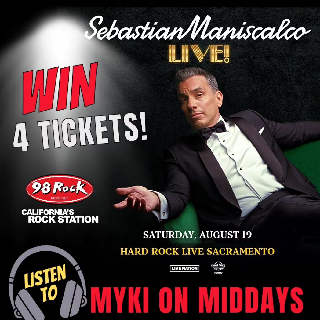 Sacs98ROCK's tweet image. Tune in with Myki on Middays all week. When you hear the cue to call, dial 916-909-0985.  Caller 15 wins a four-pack of tickets to see @SebastianComedy at Hard Rock Live Sacramento for the 10pm show!
📸: Live Nation 

#98rock