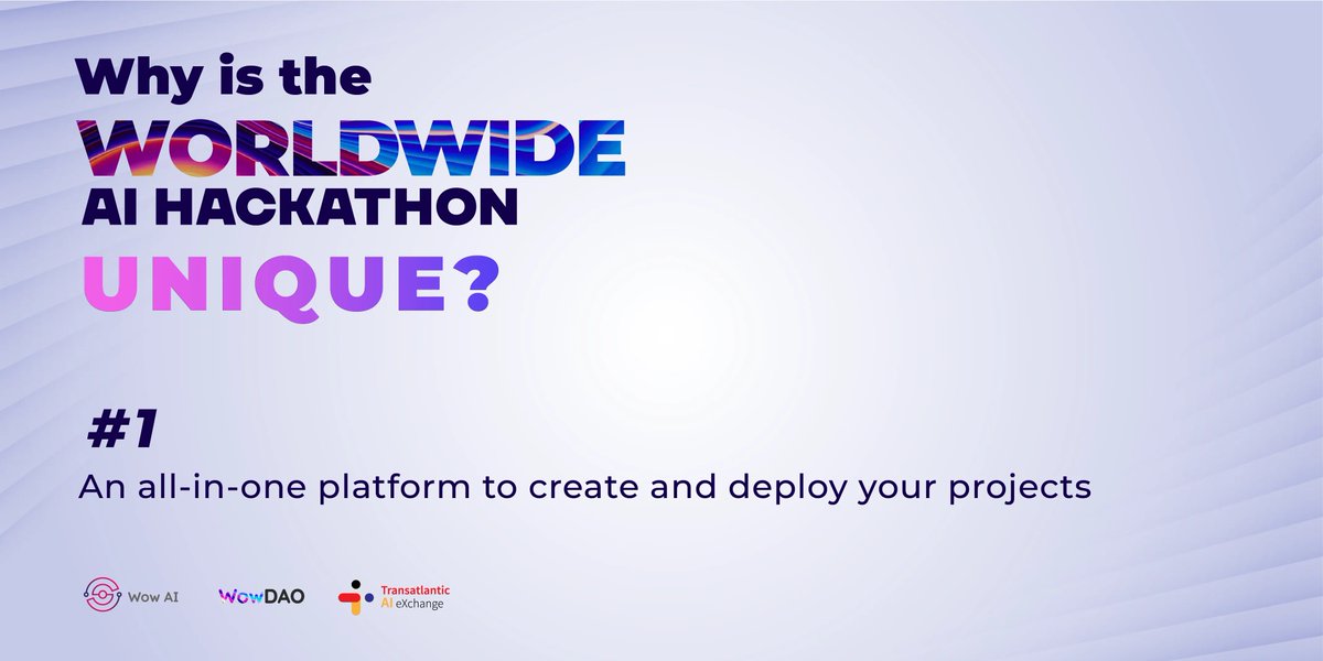 WowDAOAI's tweet photo. What sets the Worldwide AI Hackathon apart?

The first unique selling point of the hackathon is the free access for all contestants to our unique all-in-one platform that provides everything you need to create and deploy your projects. 

#WorldwideAIHackathon #AI #Hackathon https://t.co/WmOgdqvN4B