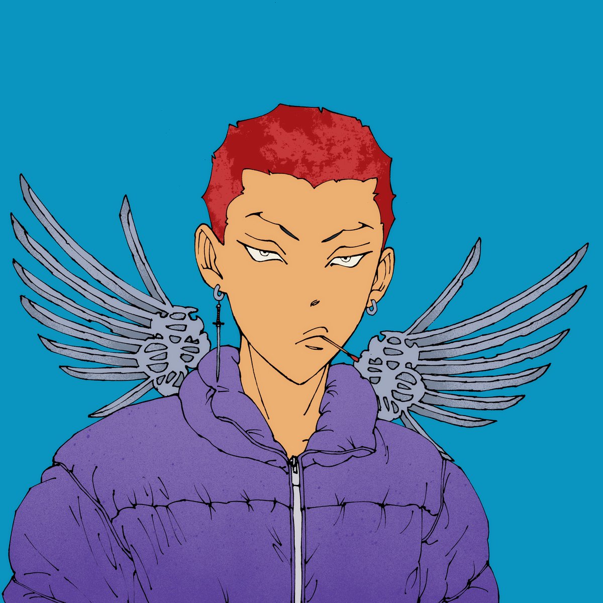 bpmrunner's tweet image. The cool guy with that dangerous edge. 

Metal blade earring, valkyr wings, and a match hanging from his lips. Against that cold teal backdrop, his fiery red hair and purple puffer jacket create a striking contrast. 

Too cold to handle, too hot to hold ⭕✨