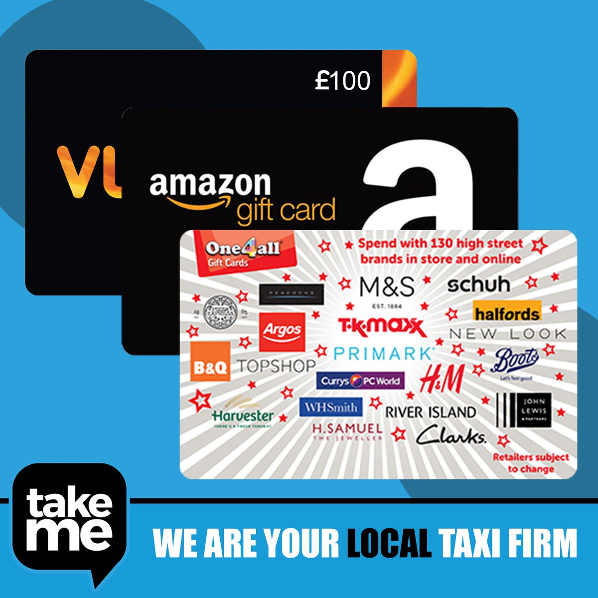 COMPETITION TIME… WIN £100 Gift Voucher of YOUR CHOICE.
1] LIKE this post
2] SHARE this post
3] Comment WHERE you would spend them
4] FOLLOW TAKE ME CREWE 
Winner announced on LAST DAY OF THE MONTH
Download the Take Me phone App: onelink.to/takemecrewe
#TakeMe #Taxis #Crewe