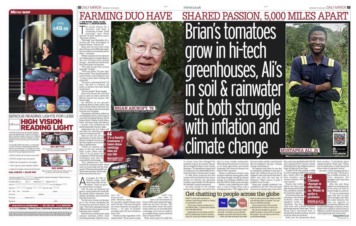 Journo_MaryamQ's tweet image. Brian from @Croftpak and Ali from Ghana are the very first pair to meet via video call for the @DailyMirror's brand-new project, The World Talks. An offshoot of our ground-breaking @britaintalks  series. Sign-up now using the link above. #TheWorldTalks