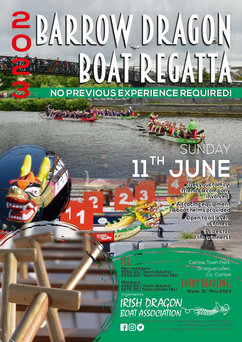 Reminder: Closing date for entries to the Barrow DBR is Weds, 31st May 2023. However don’t leave it to the last minute so we can plan accordingly!
Entries so far.
- Cantonese In Ireland
- Dublin Vikings
- Carlow Dragons
- Carlow Crusaders
- Belfast Phoenix Paddlers