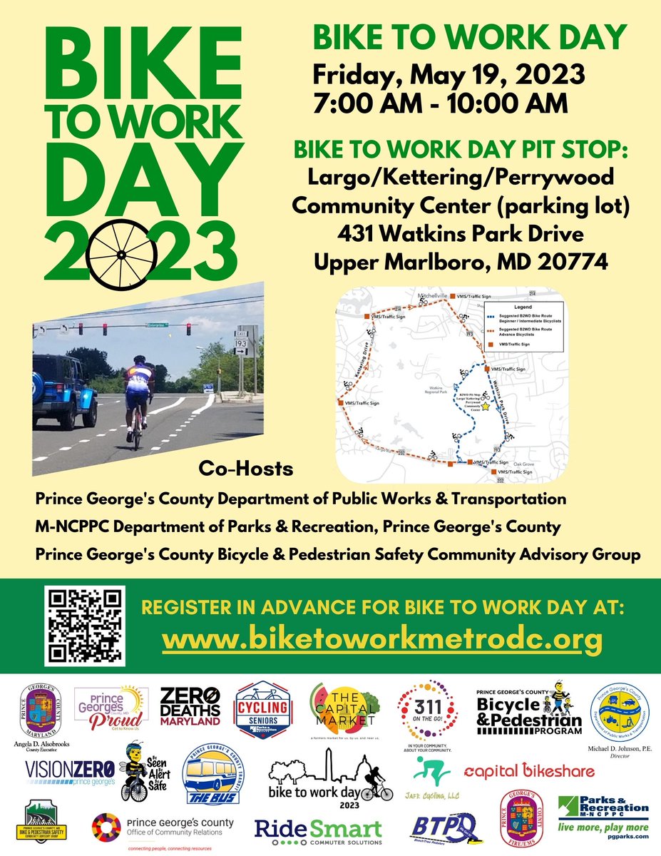 We are counting down to Bike to Work Day on Friday, May 19, 2023. DPW&amp;T, <a href="/pgparks/">Parks & Recreation</a>, and the Bike and Pedestrian Safety Community Advisory Group will host a #BTWD Pit Stop at the Largo/Kettering/Perrywood Community Center. Will you join us? Our Pit Stop hours are 7 AM – 10 AM.