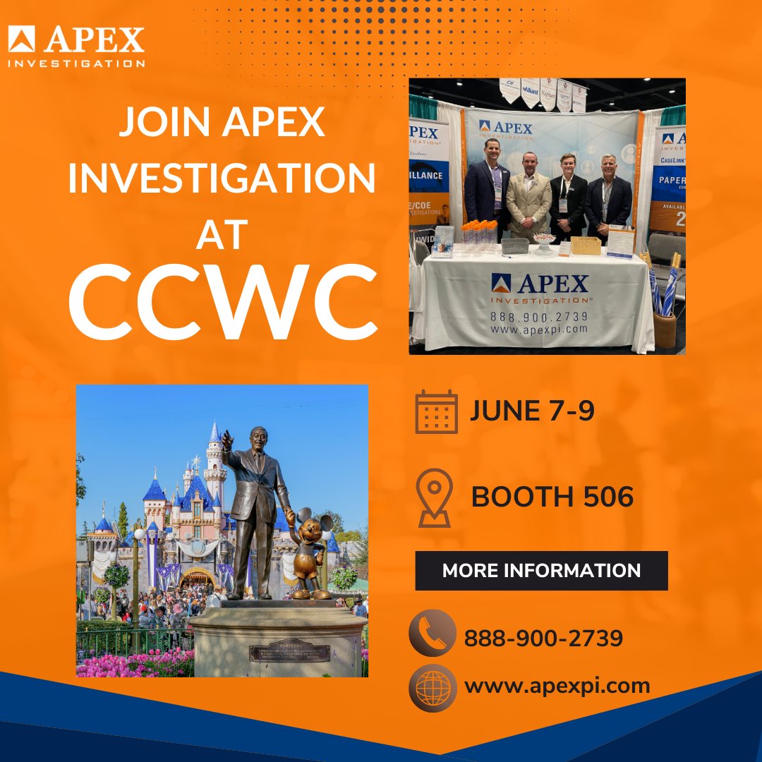 APEX__INV's tweet photo. CCWC is right around the corner. With less than a month away, APEX Investigation couldn't be more excited!

You can find APEX at Booth 506 from June 7-9! We can't wait to see all the new and familiar faces!

https://t.co/A2zexPpmdL

#CCWC #Disney #Disneyland #APEXInvestigation https://t.co/3fhhjlHBEy