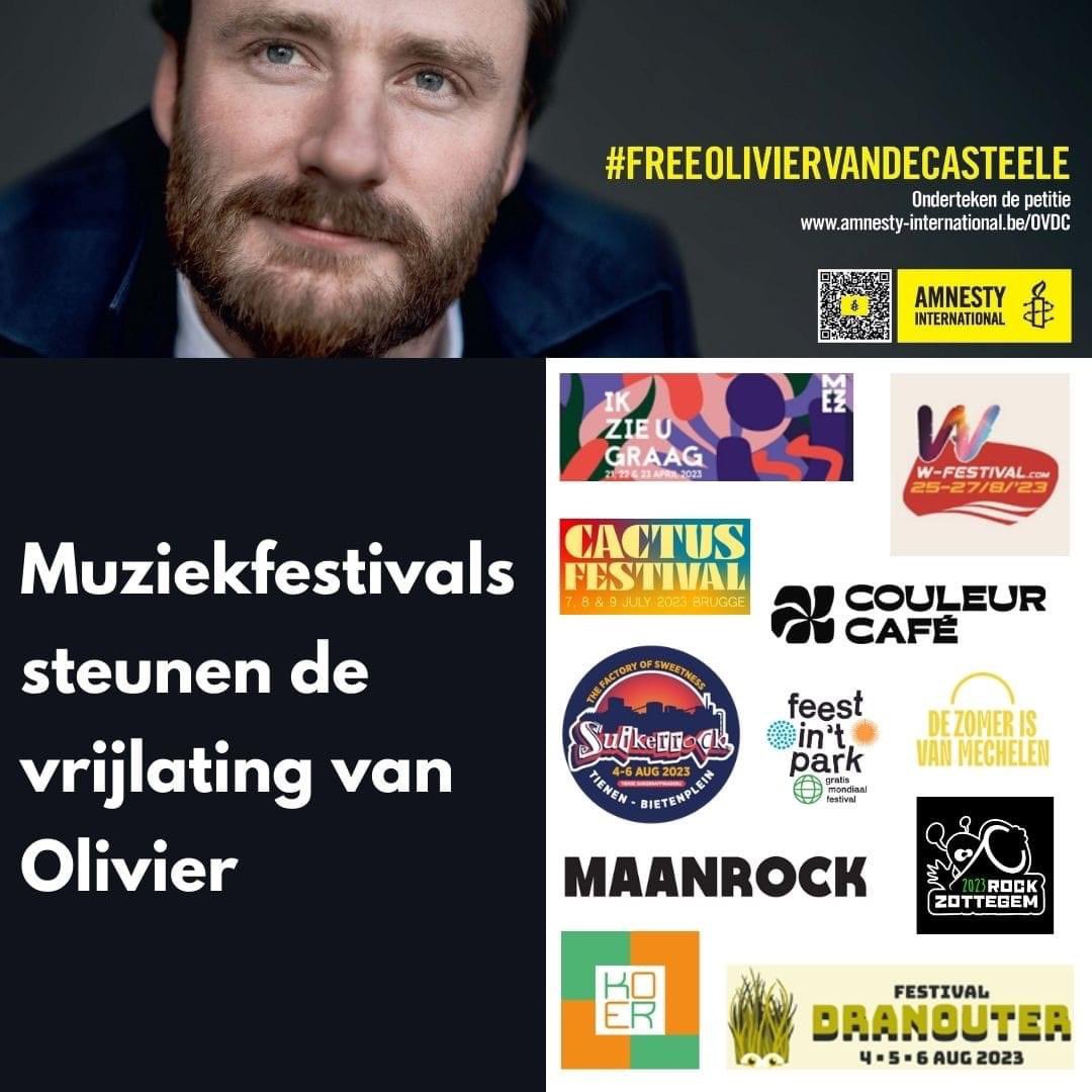 Ook de muziekgemeenschap mobiliseert zich voor de vrijlating van #OlivierVandecasteele! Hartelijk bedankt aan de volgende festivals👇 Olivier, een echte muziekliefhebber & fervent festivalganger heeft al #446dagen geen muziek meer gehoord! #FreeOlivierVandecasteele #Music4Olivier