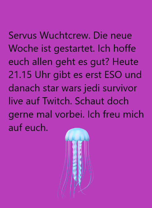 wuchtdrescher's tweet photo. Servus Wuchtcrew. Siehe Bild, heute im Stream ab 21:15 Uhr. Ich freue mich auf euch ❤️ #TwitchDE #twitchstreamern #twitchaffiliate #smallstreamer #ESOFam #StarWarsJediSurvivor
https://t.co/ueKiTYEsjl https://t.co/315d7m8MLm