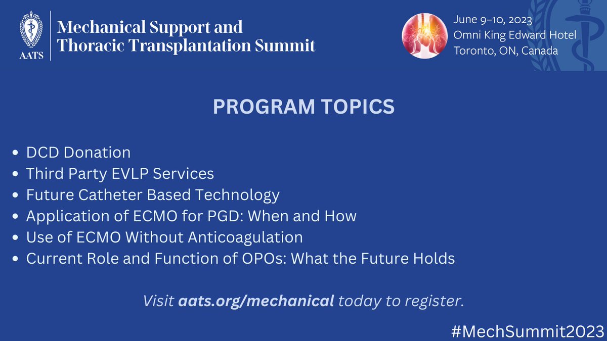 Join Mark Slaughter of <a href="/uoflmedschool/">UofL Med School</a> &amp; <a href="/MarceloCypel/">Marcelo Cypel</a> of <a href="/UHN/">University Health Network</a> at the AATS Mechanical Support and Thoracic Transplantation Summit, June 9-10. bit.ly/3MqKcow. Following are a few program topics: DCD Donation, Use of #ECMO, Catheter based Technology, &amp; more! #MechSummit23