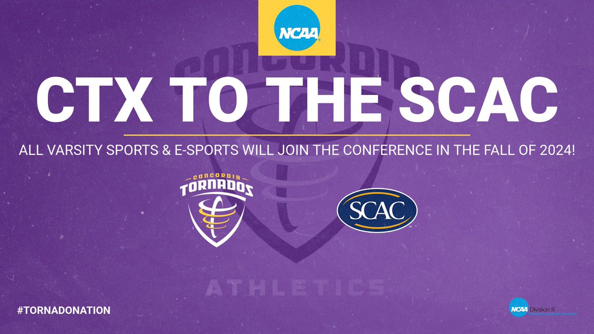 CTXAthletics's tweet photo. 🚨 𝗕𝗥𝗘𝗔𝗞𝗜𝗡𝗚 𝗡𝗘𝗪𝗦 🚨

Concordia University Texas has accepted an invitation to join the Southern Collegiate Athletic Conference (SCAC)! 

All 15 varsity sports &amp; e-sports will be a member of @SCAC_Sports starting in the fall of 2024!

📰 https://t.co/qRfwj9nc7x https://t.co/ew3ksswvoc