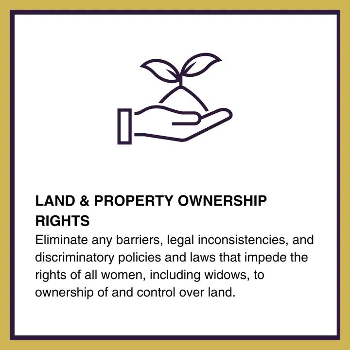 UN General Assembly resolution Addressing the Situation of Widows - Policy Ask #6: Land & property ownership.
#MakeWidowsMatter  #womenownland