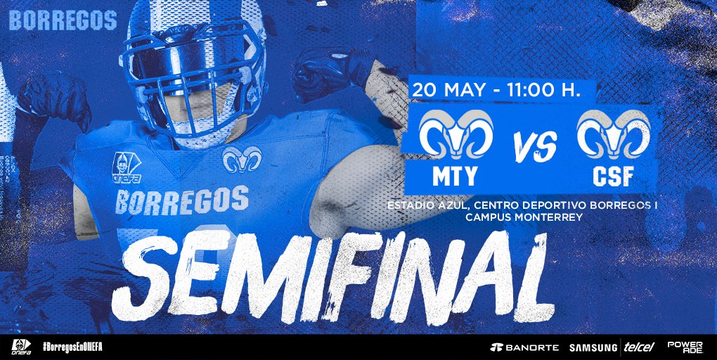 BorregosMty's tweet photo. 🏈SÁBADO ➡️ SEMIFINAL🏈

No te pierdas el partido de semifinal de nuestro equipo juvenil de PrepaTec Mty⚡

#BorregosMty 🆚 Borregos CSF

🗓Sábado 20 de mayo 
⏰11:00 hrs
📍Estadio Azul, Centro Deportivo Borregos I (Campus Monterrey)

#SomosBorregos
#BorregosMty
#BorregosEnONEFA https://t.co/hFtMqza1yc