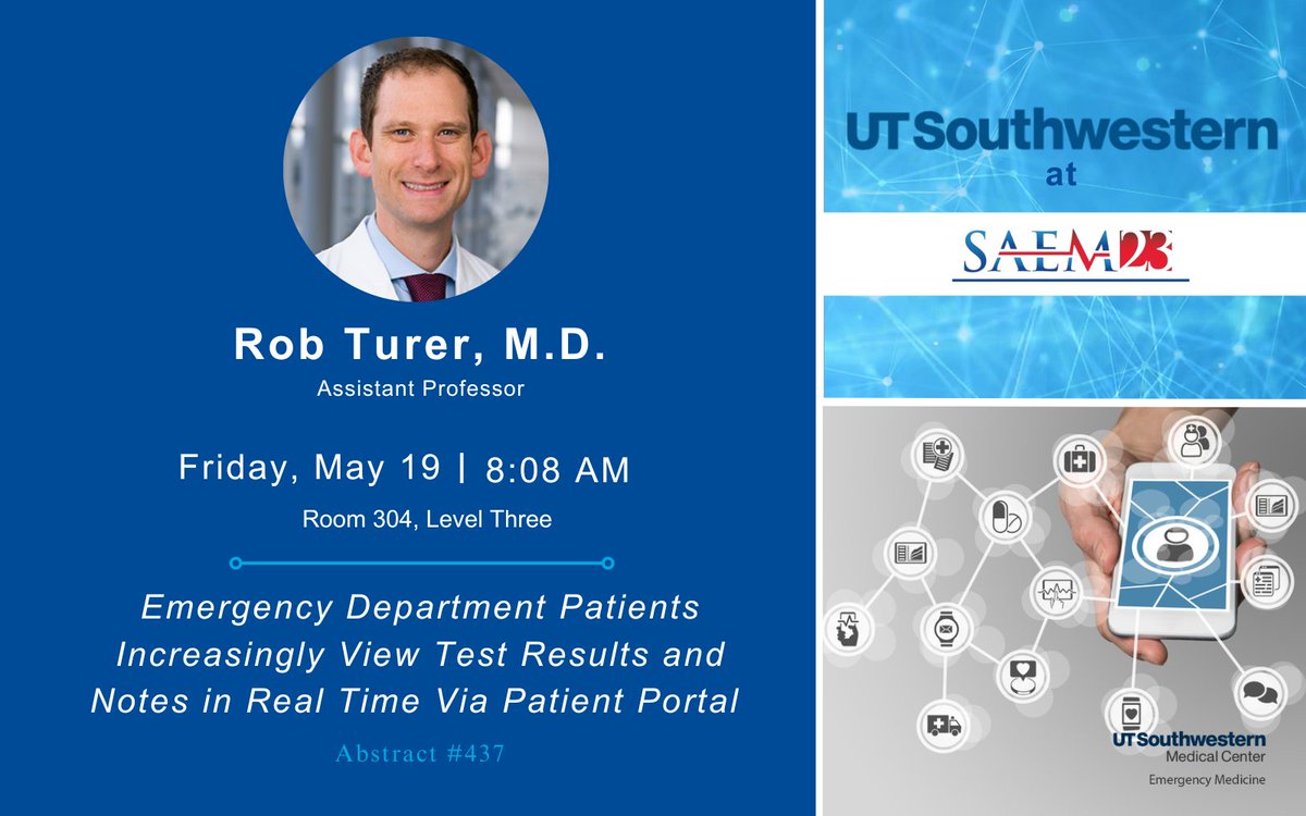 Catch @robturer @UTSW_EM on Friday, May 19th at #SAEM23 as he presents findings from a multisite study showing increasing trends in realtime ED patient portal use post #CuresAct. @smcdonald19 #emergencymedicine #emed