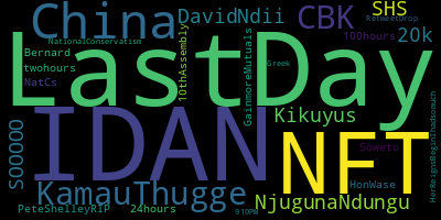 Trending in my timeline now:  #LastDay (3)  #IDAN (3)  #NFT (2)  #China (1)  #KamauThugge (1)  #CBK (1)  #NjugunaNdungu (1)  #DavidNdii (1)