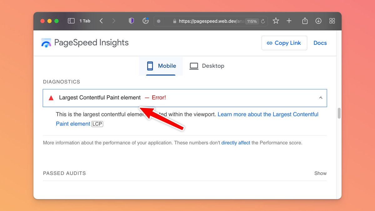 brianleejackson's tweet image. If you&apos;re seeing an LCP error when running PageSpeed Insights, you&apos;re not alone. There is currently a bug in the tool that appears to be impacting all sites.

They&apos;ve replicated it, so hopefully, it will get resolved soon. 👍

github.com/GoogleChrome/l…

#PageSpeedInsights