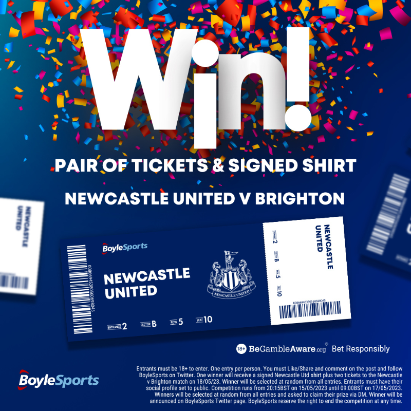 BoyleSports's tweet photo. ⚫⚪ Newcastle United look to extend the gap on their top four rivals.

🎟 We're giving away a signed shirt and a pair of tickets for @NUFC vs Brighton.

To enter:
✅ Follow @BoyleSports
🔁 Retweet this post
💬 Reply with your favourite goal of the season.

T&amp;Cs apply.

#NUFC