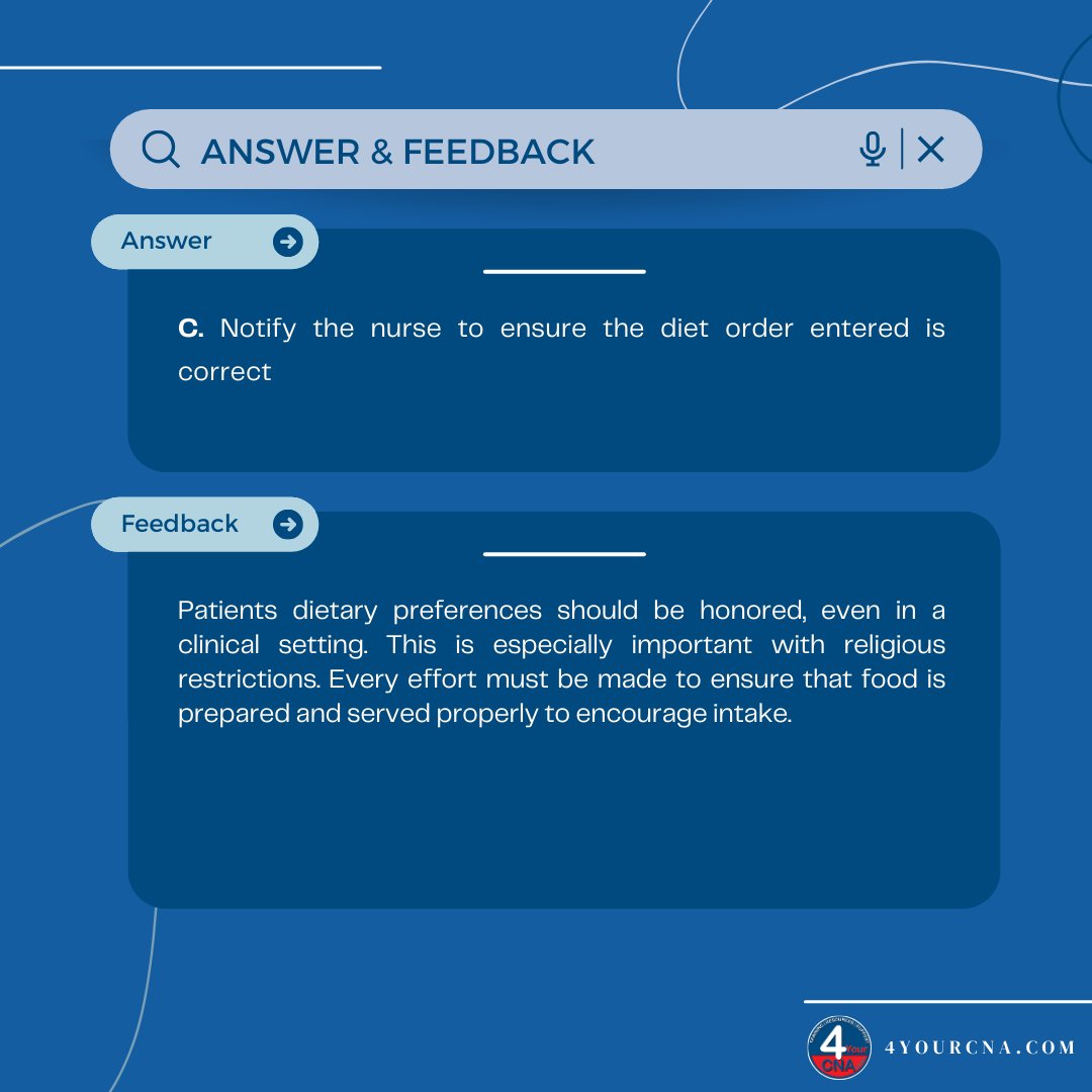 4yourcnaT's tweet photo. Here's your QUESTION OF THE DAY! These series of questions can help you evaluate your knowledge as a CNA. Follow us for more!

Don't forget to follow us for more updates!
#4YourCNA #CertifiedNursingAssistant #StateExam #Florida #Prometric #nursingassistant https://t.co/AoinQOj2uK