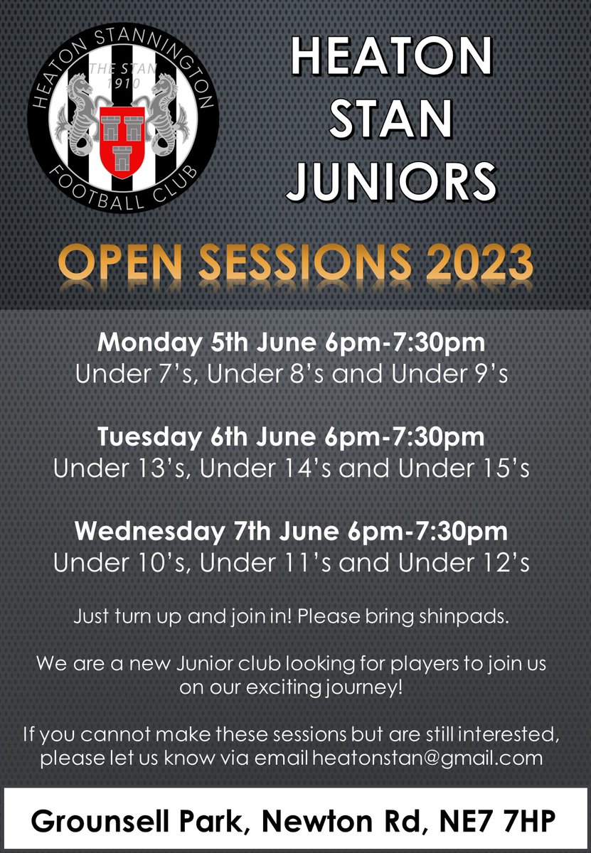 HEATON STAN JUNIORS - OPEN SESSIONS

As we launch Stan Juniors this summer, we are delighted to be holding a series of fun and inclusive open sessions at Grounsell Park!

All kids welcome - just turn up on the relevant evening and play!

#PlayForTheStan ⚫️⚪️
