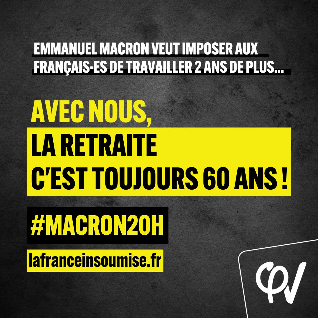 FranceInsoumise's tweet photo. 🔴 DIRECT : ce soir, Emmanuel Macron s'exprime sur TF1

➡️ La macronie veut imposer deux ans de plus de travail aux Français·es, se fait le marche-pied de l’extrême droite, veut une « pause » contre l’urgence climatique. Qui est vraiment dans un « déni de réalité » ?

#Macron20h https://t.co/D8w8MUY8Ap