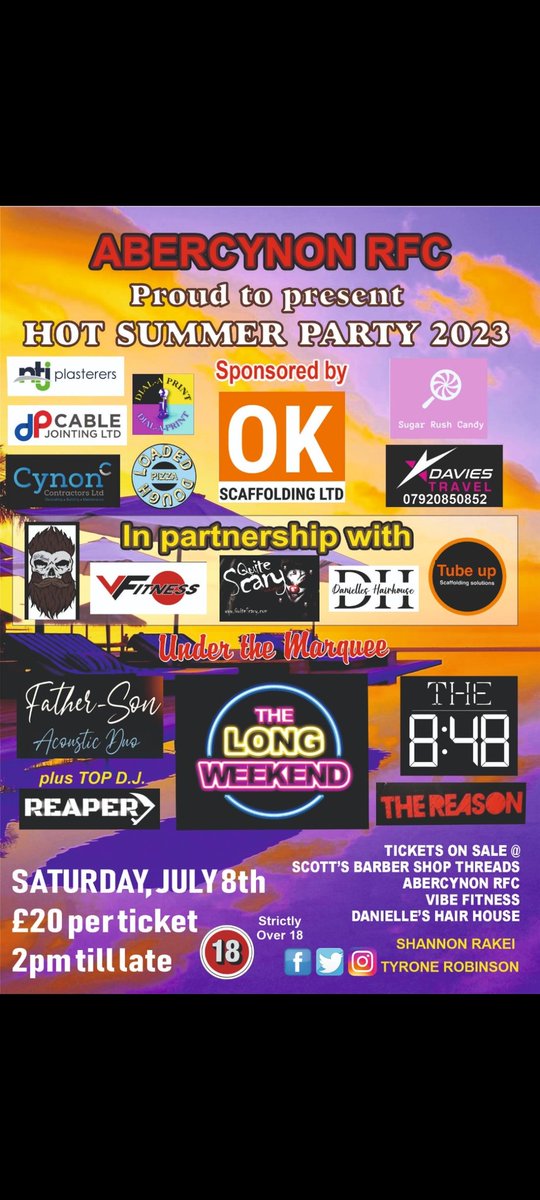 HOT SUMMER PARTY 2023
Ticket's will be on sale from Friday evening at the club . Ticket's also on sale at
Scott's Barbershop 
Vibe Fitness 
Danielle's hair house.
Don't leave it to late to purchase a ticket this event sells out quick 🍺🎶🌞