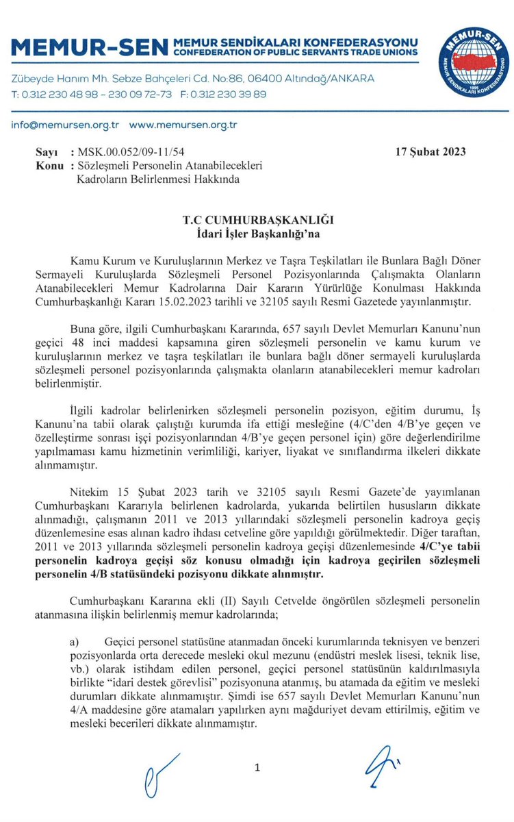 ibrahimyuksel34's tweet photo. @MemurSenKonf Sayin Baskan 15 Şubat 2023 tarih ve 32105 sayılı Resmi Gazete' de Yayımlanan Cumhurbaşkanı Kararnamesi ile belirlenen Unvanlara atanan sözleşmeli personelin Eğitim durumları ve Kurumlarda yaptığı işler dikkate alınmadan belirlendiği için Yeni Maduriyetler oluşmuştur. Sonuç Varmı. https://t.co/m5Uvx1nAFK