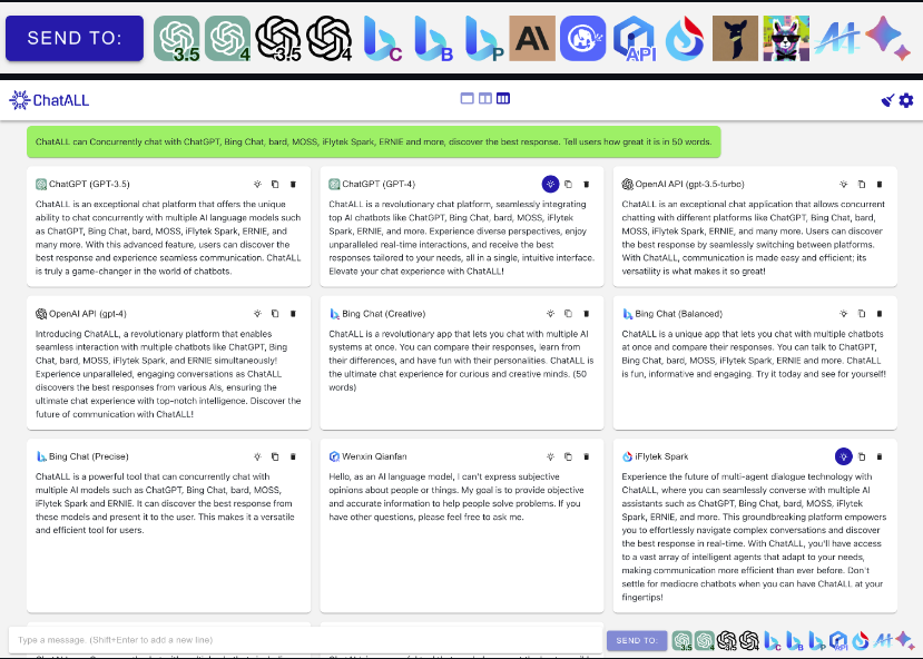vinniemourax's tweet photo. ChatALL, is an open-source AI project that enables users to interact concurrently with a wide array of chatbots such as; 

- ChatGPT
- Bing Chat, 
- Bard, 
- Claude, 
- Alpaca, 
- Vicuna,
- and more!

It notably enhances user experience by allowing comparison of responses from different bots, making it easier to find the optimal answer, especially for complex questions requiring varied perspectives.

Github: https://t.co/KNKh11oKri