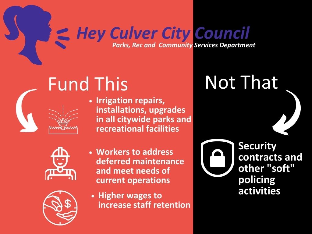 Culver City is attempting to increase their police budget by over $2 million, while reducing funds for Parks and Rec, Public Works, and Housing and Human Services. Invest in the community, not in policing. #CareNotCops #culvercity