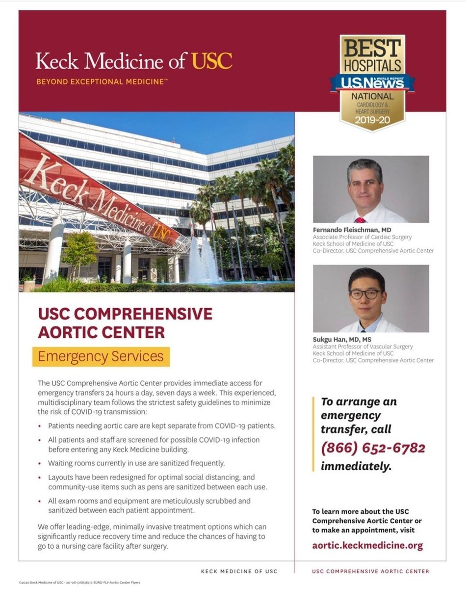 USC Vascular Surgery (@usc_vascular) on Twitter photo Working jointly with <a href="/UscCardiac/">USC Cardiac</a> to ensure the safest, high quality care possible for patients with acute aortic syndromes.
For emergency transfers, call (866) 652-6782 immediately.
@KeckMedUSC <a href="/WestVascular/">Western Vascular Society</a> <a href="/VascularSVS/">Society for Vascular Surgery</a> <a href="/JohnRitterFdn/">JohnRitterFoundation</a> <a href="/DeanMeltzer/">Carolyn Meltzer, MD</a> #aorticdissection #rupture Working jointly with <a href="/UscCardiac/">USC Cardiac</a> to ensure the safest, high quality care possible for patients with acute aortic syndromes.
For emergency transfers, call (866) 652-6782 immediately.
@KeckMedUSC <a href="/WestVascular/">Western Vascular Society</a> <a href="/VascularSVS/">Society for Vascular Surgery</a> <a href="/JohnRitterFdn/">JohnRitterFoundation</a> <a href="/DeanMeltzer/">Carolyn Meltzer, MD</a> #aorticdissection #rupture