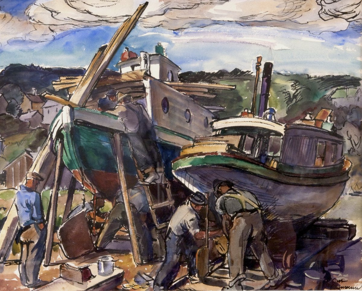 GrohmannMuseum's tweet photo. This watercolor of “Drydocks with Workers” likely depicts #Milwaukee in the 1930s–Jones Island, to be exact! An inspector watches six men at work repairing fishing boats. https://t.co/KWsmt3sz5c