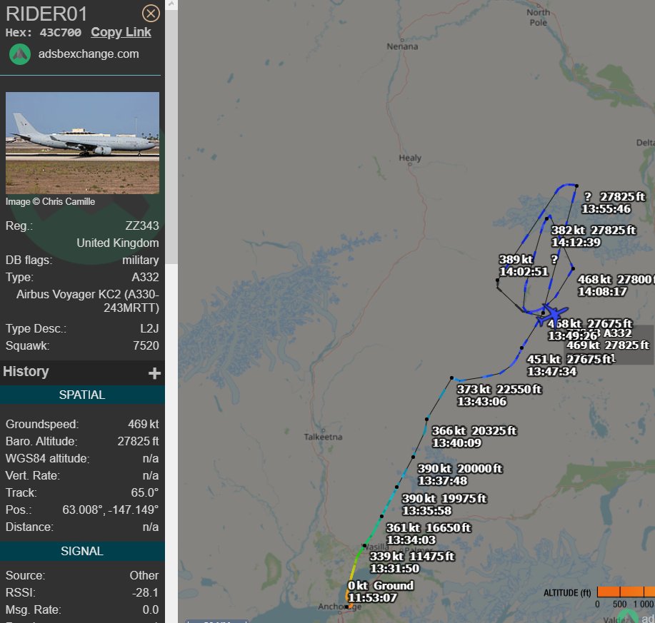 Aussie E-7 Wedgetail as PORK31 #7CF8F0, A30-001 out of Joint Base Elmendorf-Richardson over Donnelly Training area currently. Also reports of B-1s out of Elmendorf. UK KC-2 also up in the area as RIDER01 
#43C700, ZZ343.