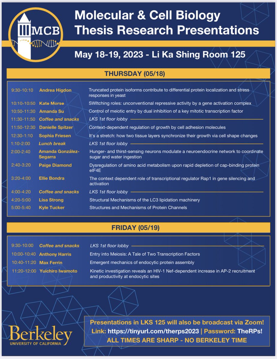 This Thurs 5/18 I’m giving my Thesis Research Presentation! (We don’t do defenses at Berkeley, but this is similar.) Mine is 11:50am-12:30pm PDT, and there is a zoom option for anyone who wants to tune in remotely 🪰💻🧬 see flyer for details!