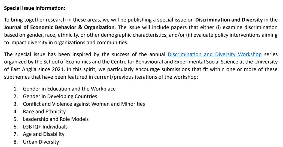 Special Issue of JEBO for papers related to the Discrimination and Diversity Workshop. Papers not presented in workshop also able to apply! Deadline is Jan 10 2024. sciencedirect.com/journal/journa…