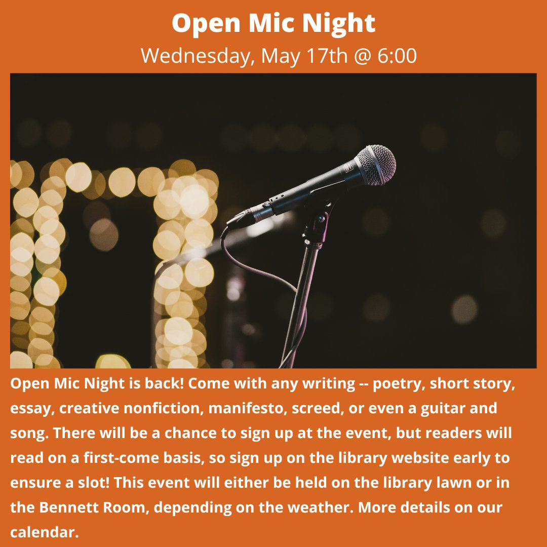 MillbrookLib's tweet photo. This Wed May 17 at 6pm is Open Mic Night!
For more info and to sign up head to https://t.co/ebHZBB0WWa https://t.co/benjTy6SH0