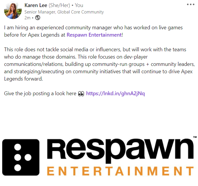 Karen (@kalyrical) on Twitter photo Work with me (and the awesome <a href="/PlayApex/">Apex Legends</a> community team)!
Looking for someone with community management and live game experience ❤️ Check out the job posting here: respawn.com/careers/live-g… Work with me (and the awesome <a href="/PlayApex/">Apex Legends</a> community team)!
Looking for someone with community management and live game experience ❤️ Check out the job posting here: respawn.com/careers/live-g…