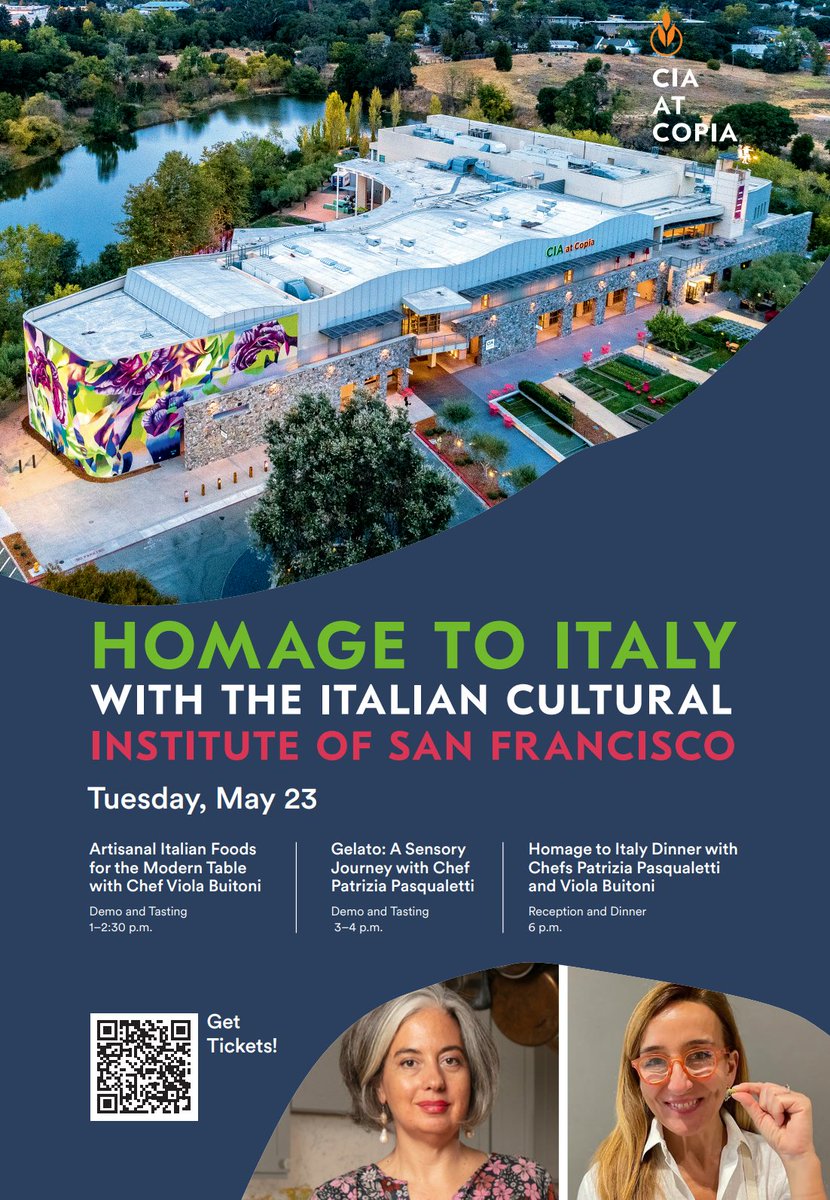 IIC San Francisco (@iicsfrancisco) on Twitter photo Excited to present a day dedicated to Italian cuisine and culture, May 23, at the @CIAatCopia in Napa. Join us for demonstrations & dinner featuring exceptional Italian chefs @violabuitoni, Patrizia Pasqualetti.
IICSF members get a 10% discount: contact.sanfrancisco@esteri.it. Excited to present a day dedicated to Italian cuisine and culture, May 23, at the @CIAatCopia in Napa. Join us for demonstrations & dinner featuring exceptional Italian chefs @violabuitoni, Patrizia Pasqualetti.
IICSF members get a 10% discount: contact.sanfrancisco@esteri.it.