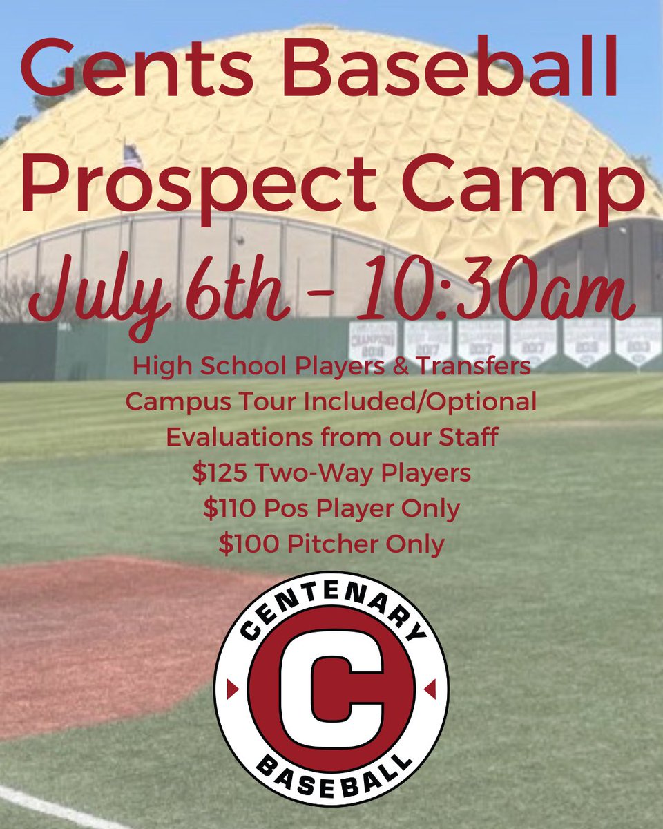 🚨 SUMMER PROSPECT CAMP🚨

🗓️ July 6th
⏰ 10:30am
✍️ Evaluations via email 
🚶 Campus tour available 

Register here ⬇️

centenarybaseballcamps.com