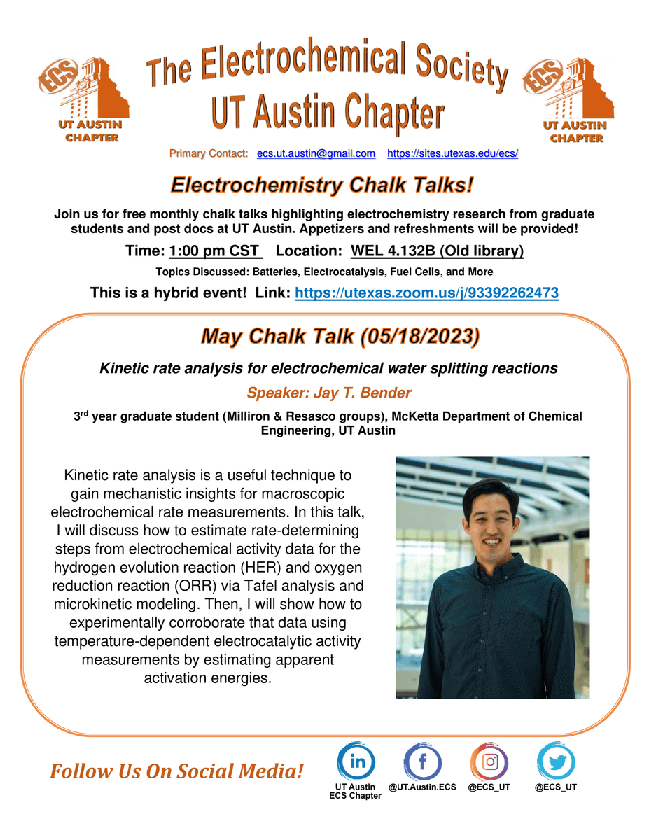 ecs_ut's tweet photo. Howdy, Electrochemistry Community!  
Join us next Thursday for May's electrochemistry chalk talk! @bender_science   from the Milliron &amp; Resasco groups will talk about kinetic rate analysis of water-splitting reactions. You can also watch the event through Zoom! https://t.co/Twipvfwbxe
