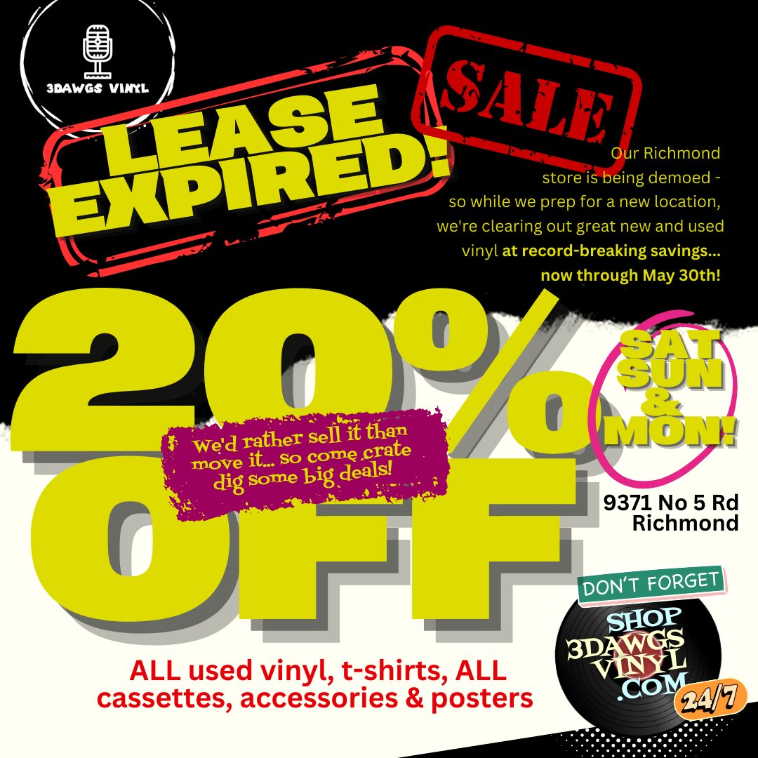 3DawgsVinyl's tweet photo. LEASE EXPIRED SALE CONTINUES // 20% off on ALL Used Vinyl, ALL Cassettes, Accessories, Posters, Used CD's &amp; T-Shirts. I'd rather sell it than move it. #needtofindanewlocation #usedvinylrecords #vinylforsale #indierecordshop #smallbusinessstruggles #cassettes #richmondbc #veenyl https://t.co/DW5xyubX8M